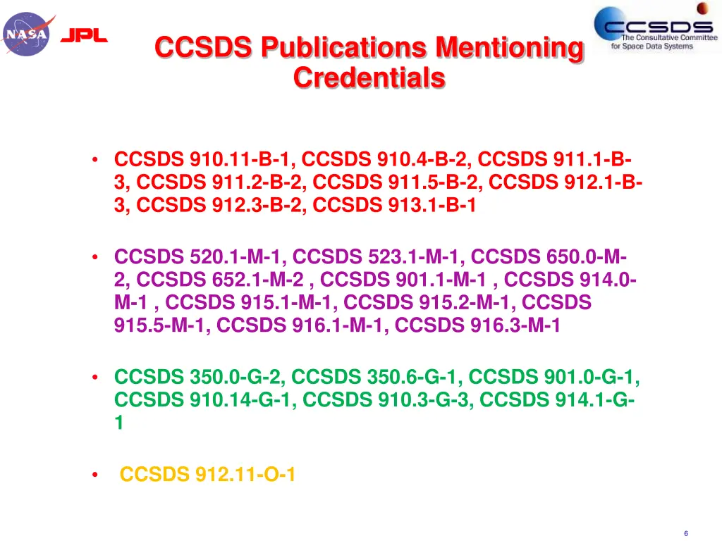 ccsds publications mentioning credentials