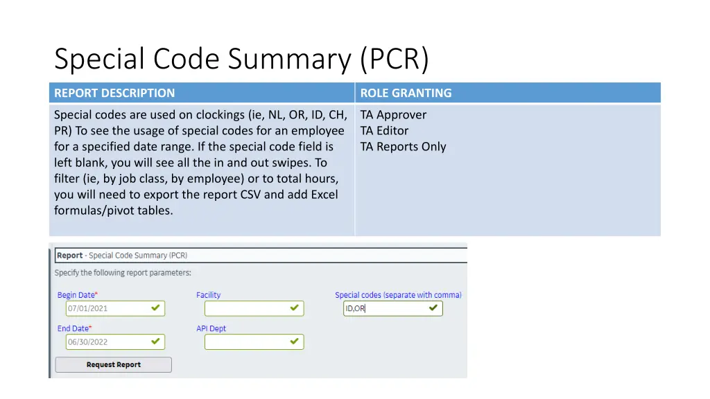 special code summary pcr