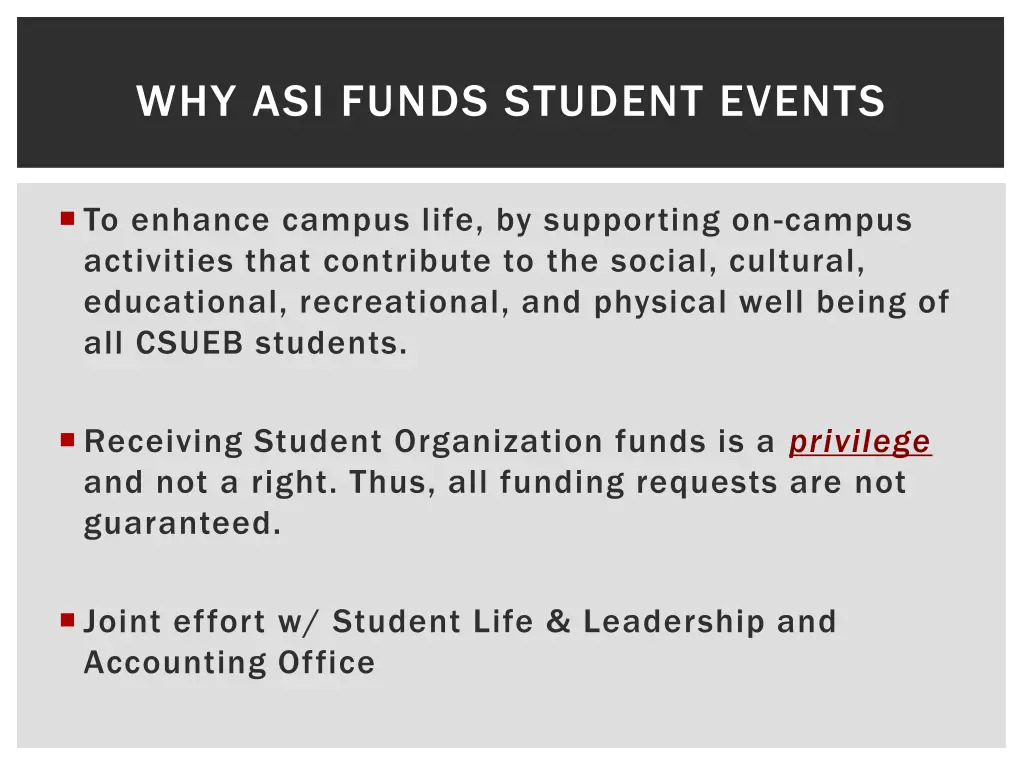 why asi funds student events