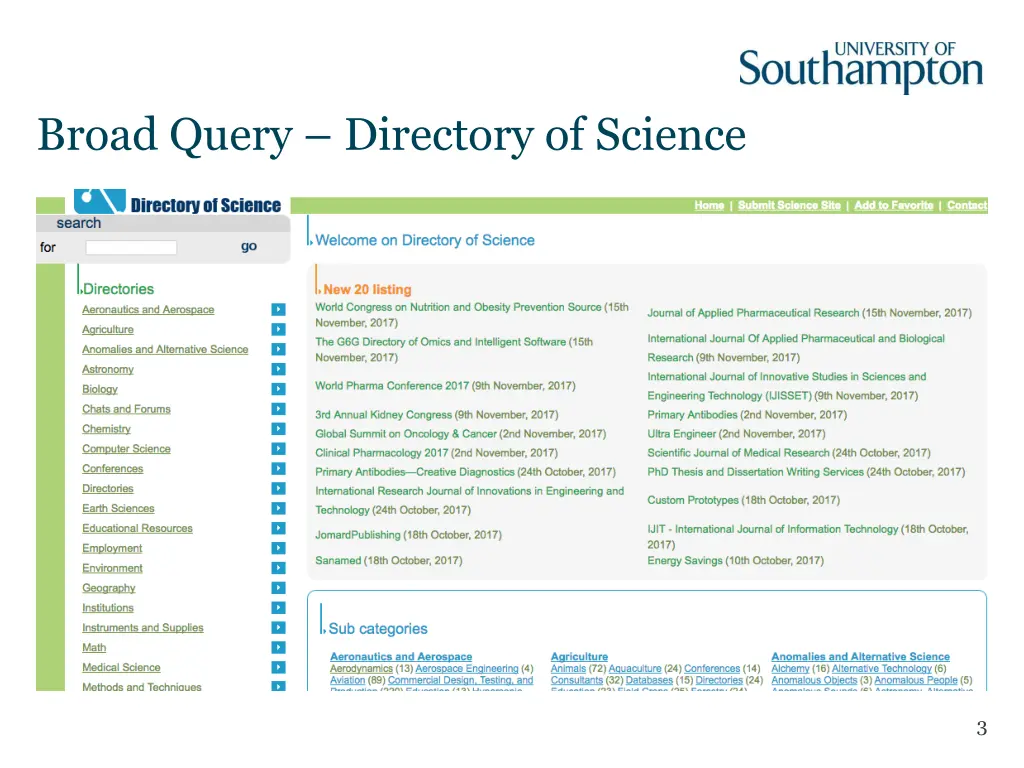 broad query directory of science