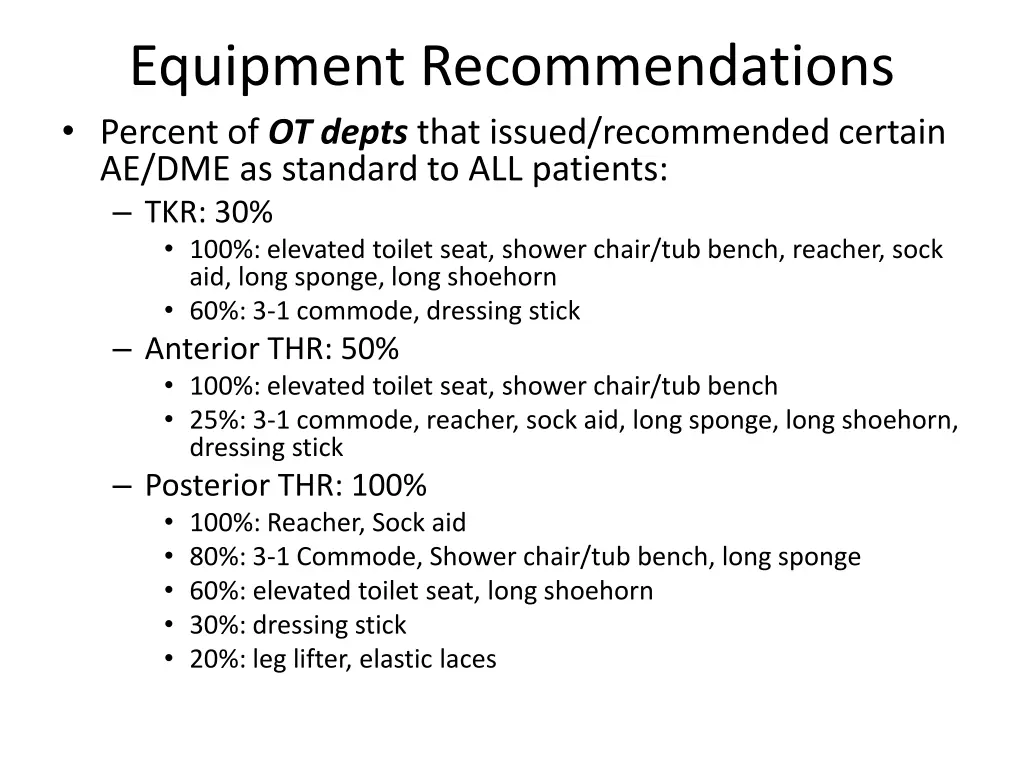 equipment recommendations percent of ot depts