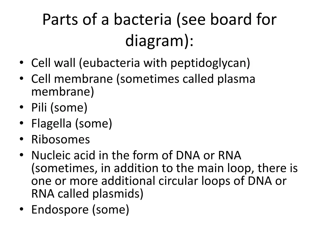 parts of a bacteria see board for diagram cell