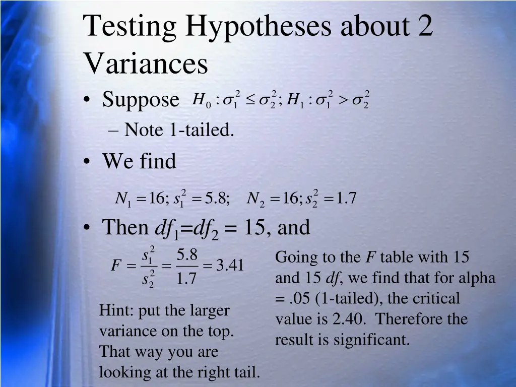 testing hypotheses about 2 variances suppose note