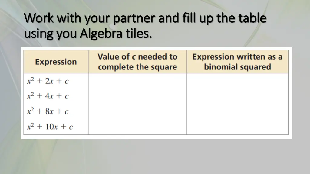 work with your partner and fill up the table work