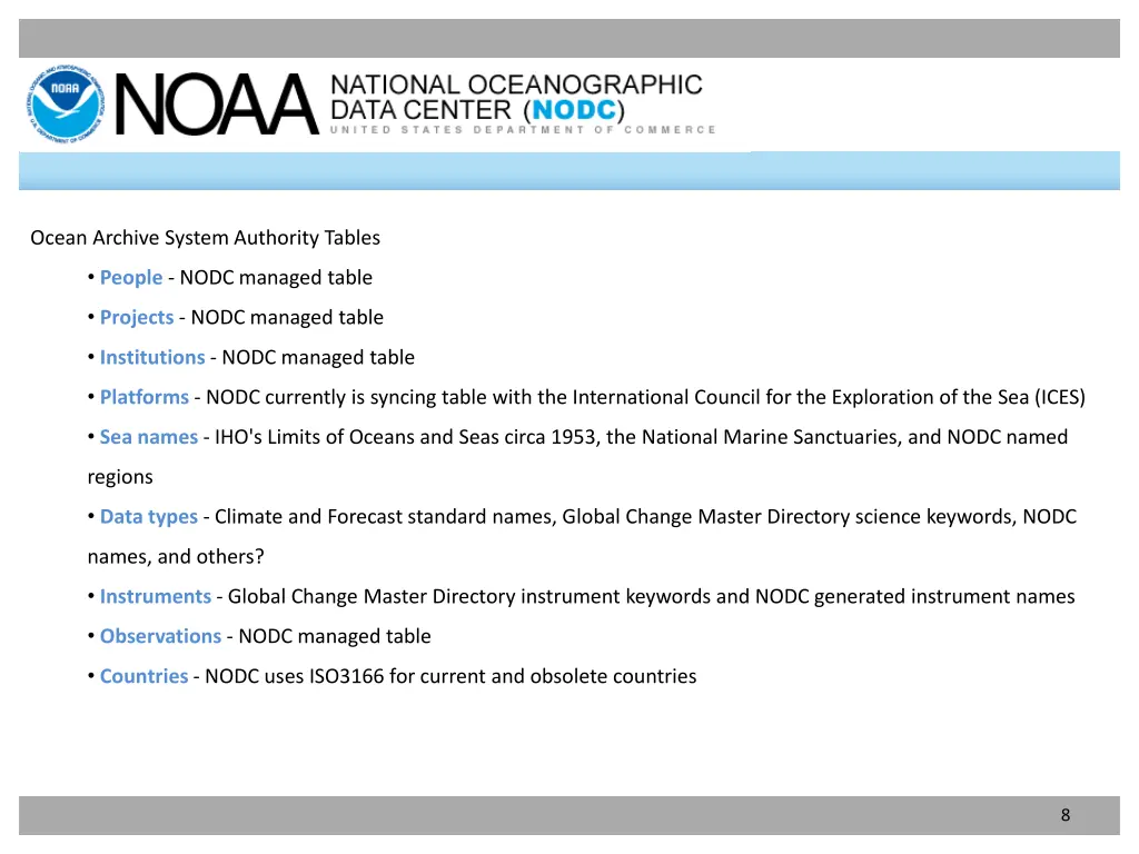 ocean archive system authority tables