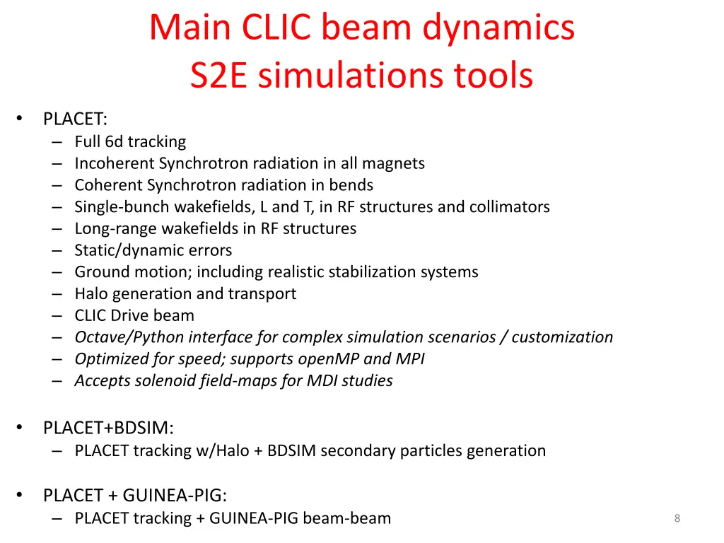 main clic beam dynamics s2e simulations tools