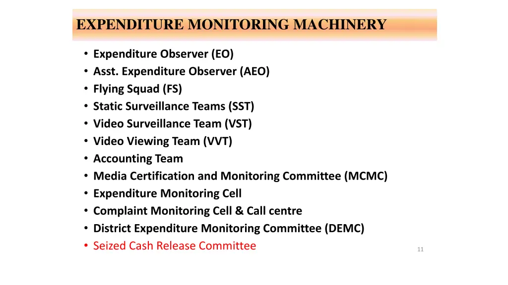 expenditure monitoring machinery