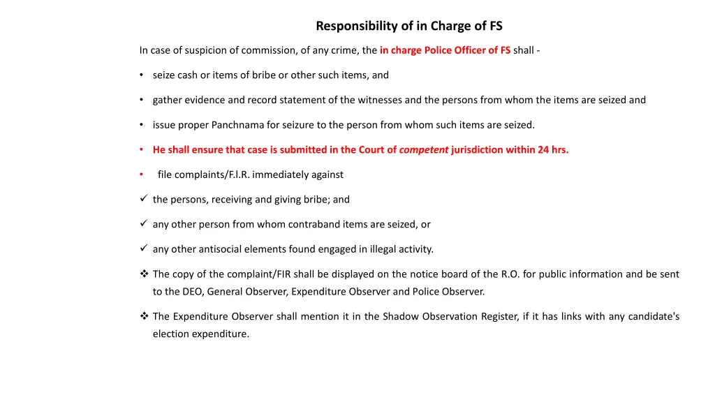 responsibility of in charge of fs