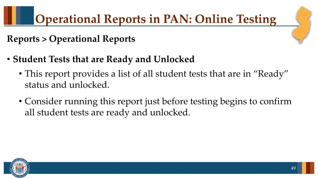 operational reports in pan online testing