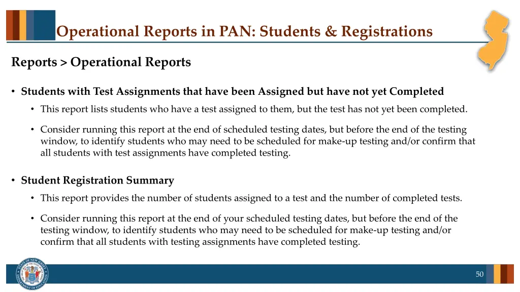 operational reports in pan students registrations