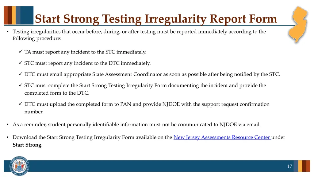 start strong testing irregularity report form