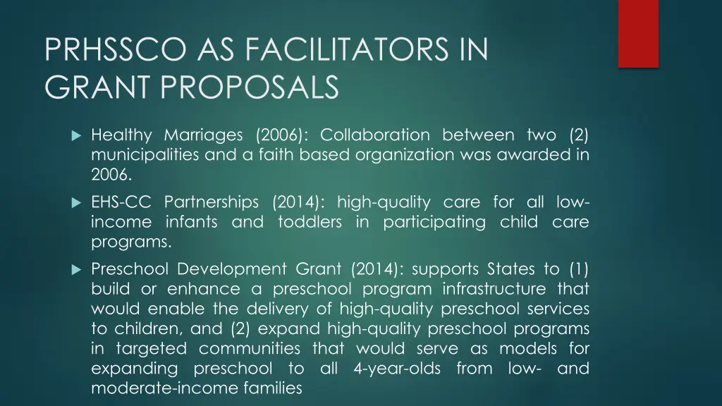 prhssco as facilitators in grant proposals