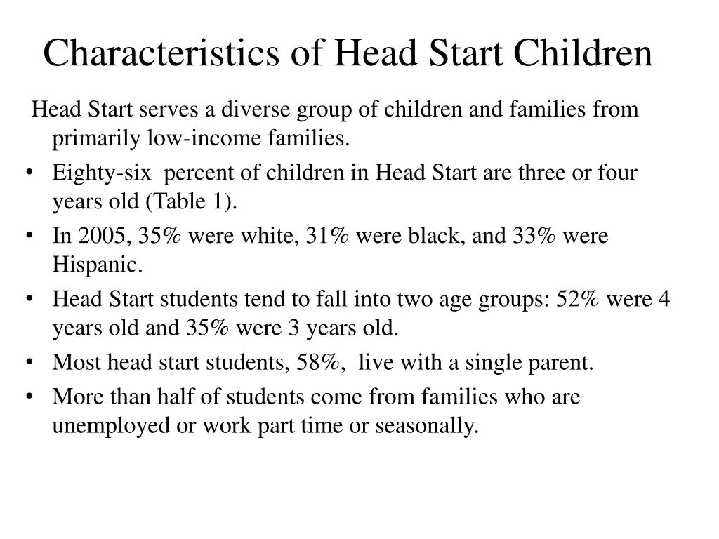 characteristics of head start children