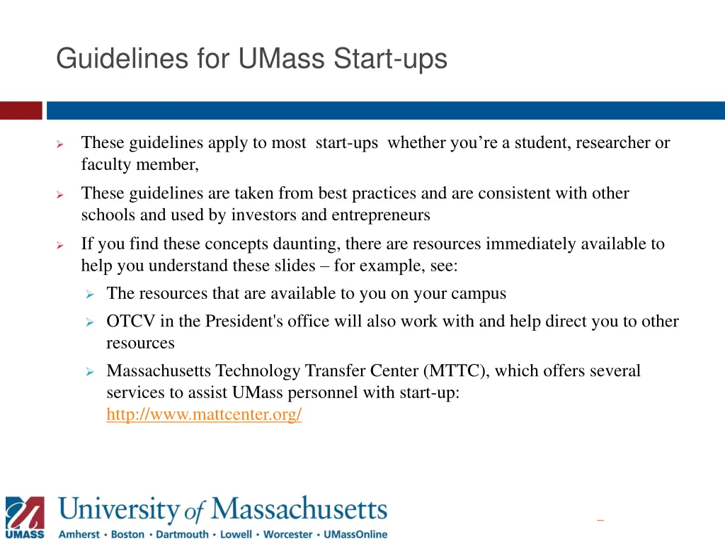 guidelines for umass start ups