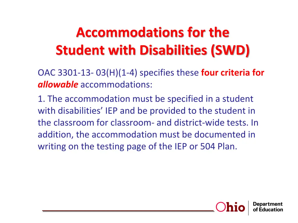 accommodations for the student with disabilities