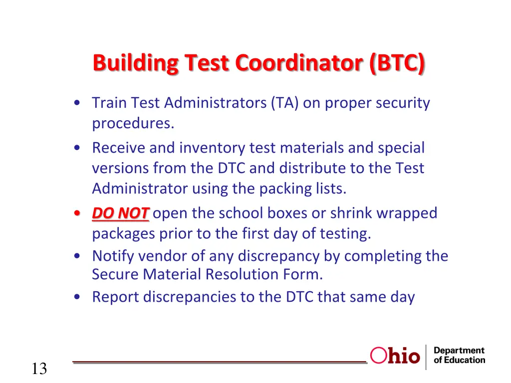 building test coordinator btc