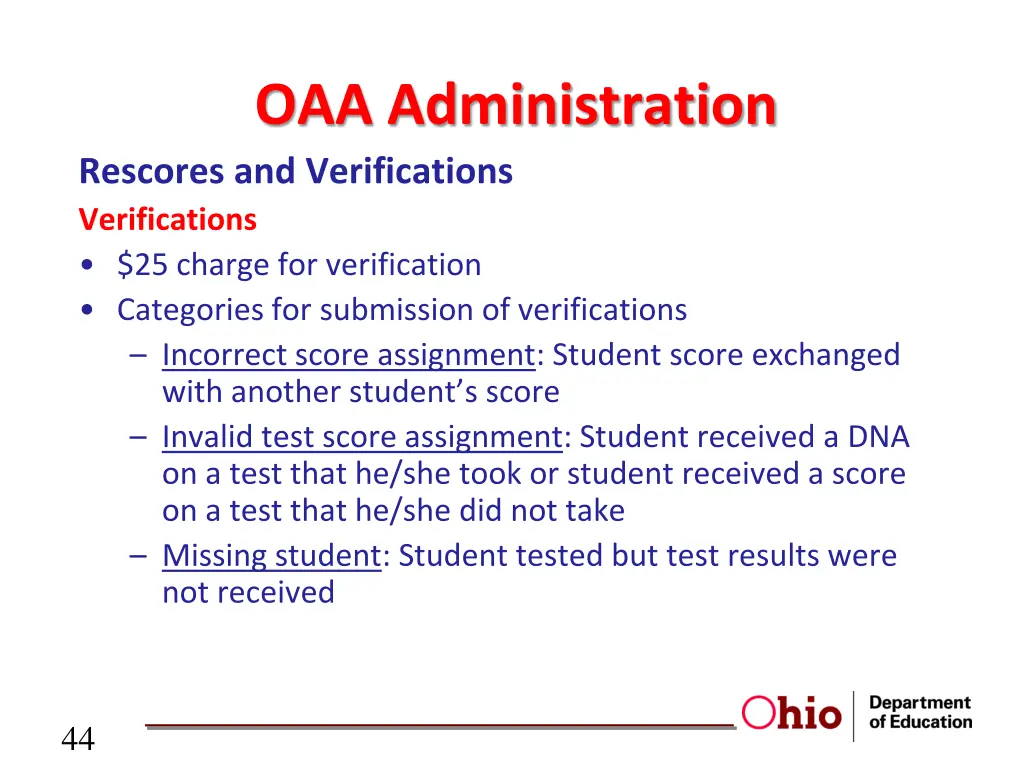 oaa administration rescores and verifications