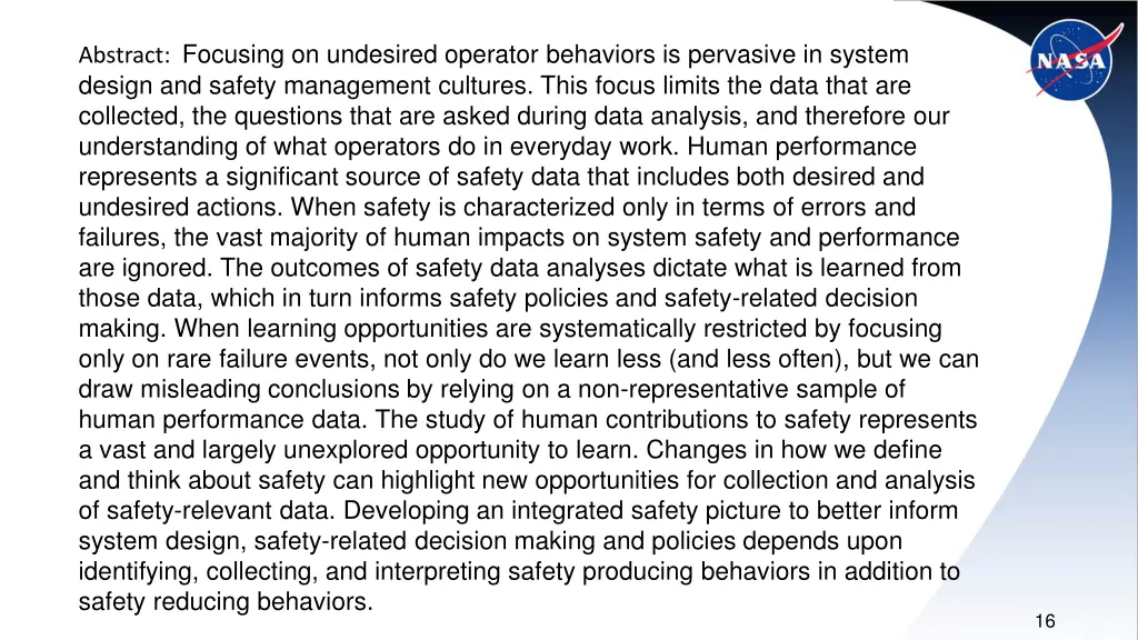 abstract focusing on undesired operator behaviors