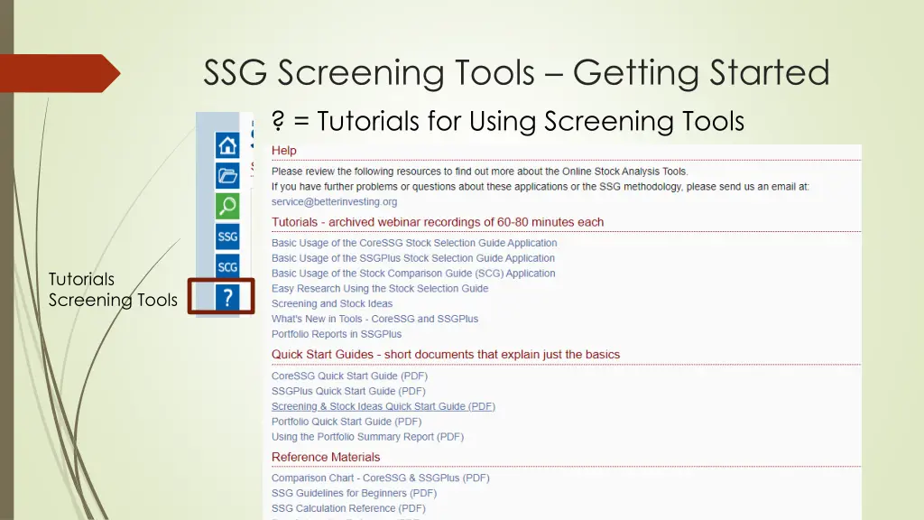 ssg screening tools getting started tutorials