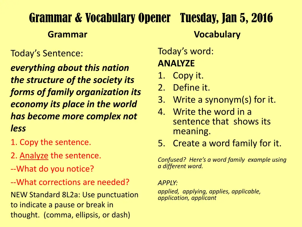 grammar vocabulary opener tuesday jan 5 2016