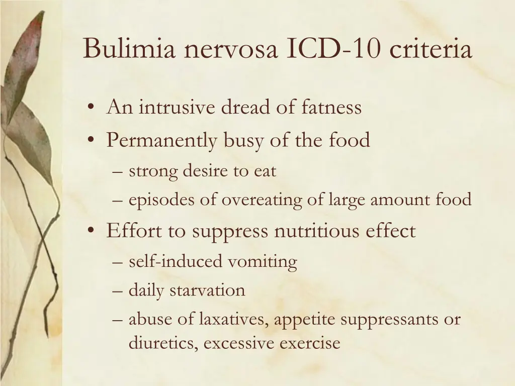 bulimia nervosa icd 10 criteria