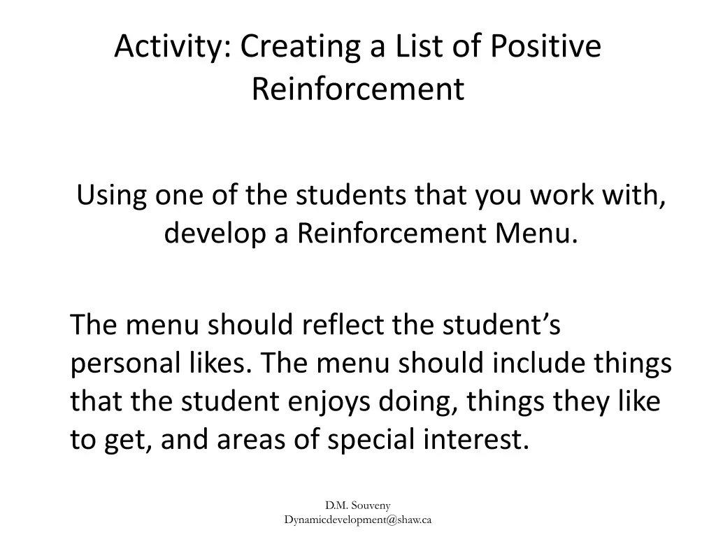 activity creating a list of positive reinforcement