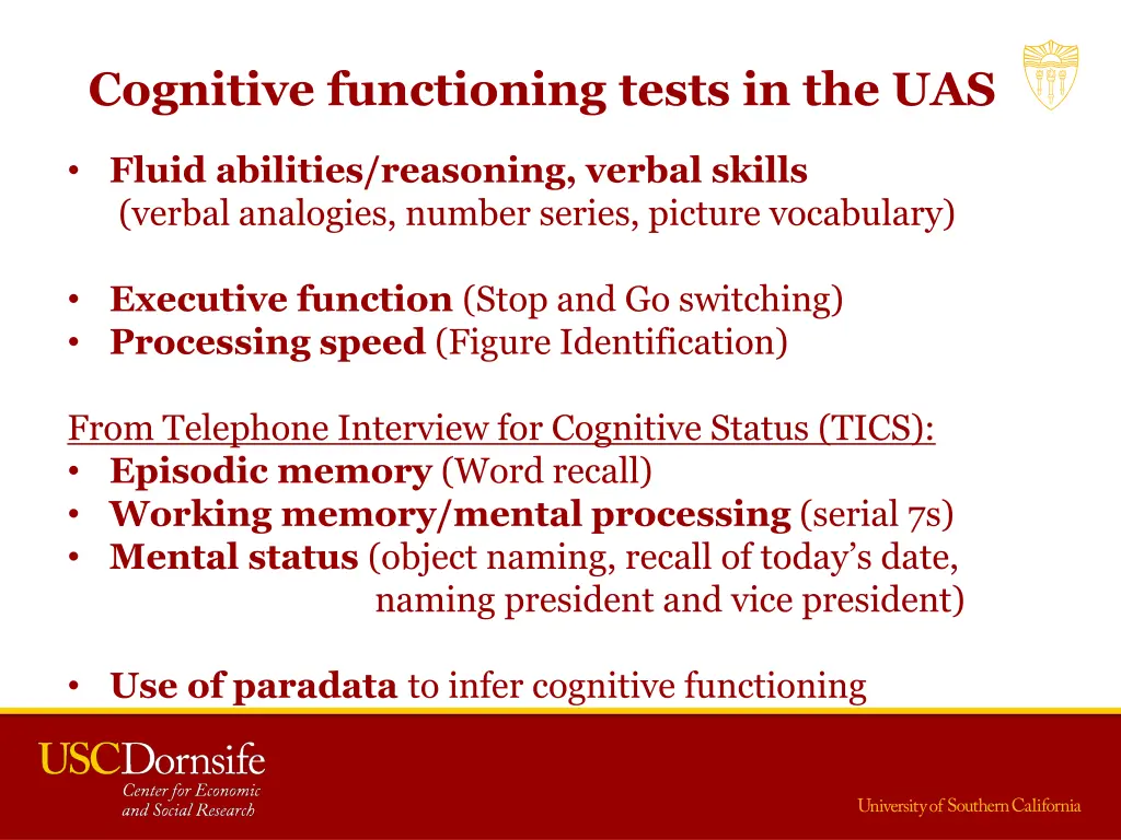 cognitive functioning tests in the uas