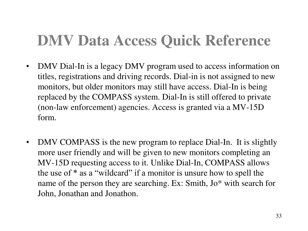 dmv data access quick reference 1