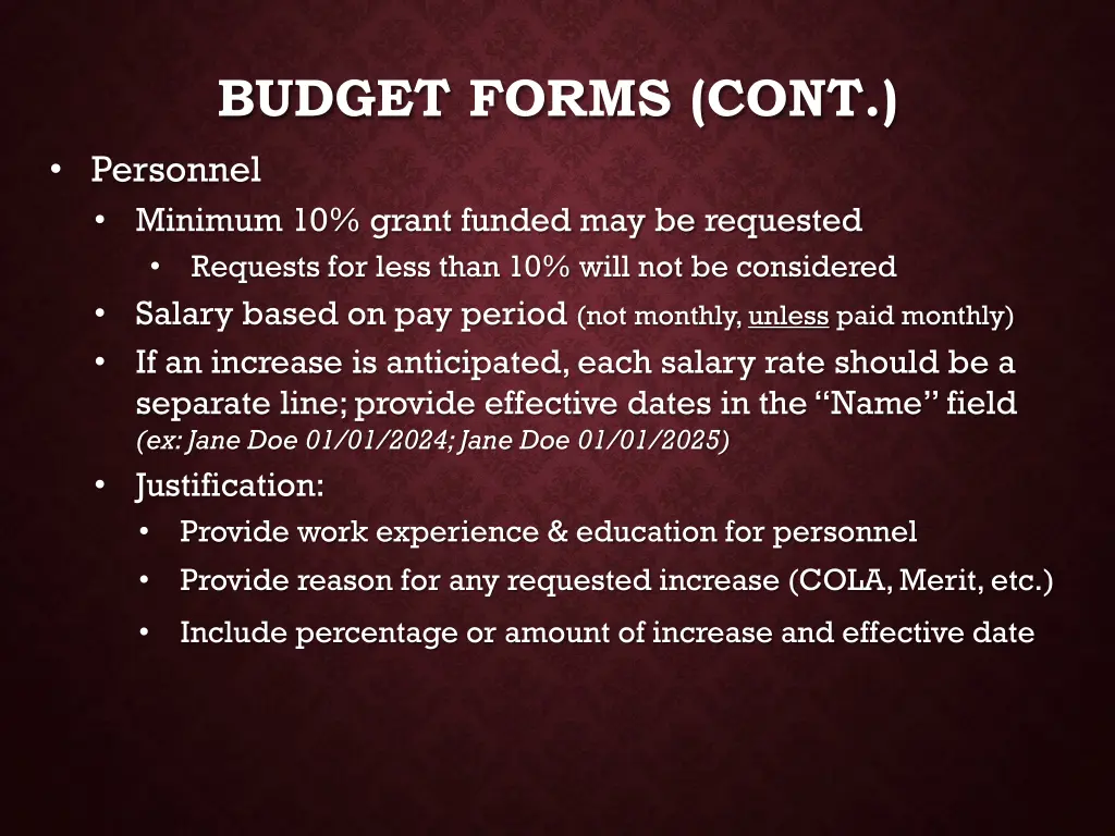 budget forms cont personnel minimum 10 grant