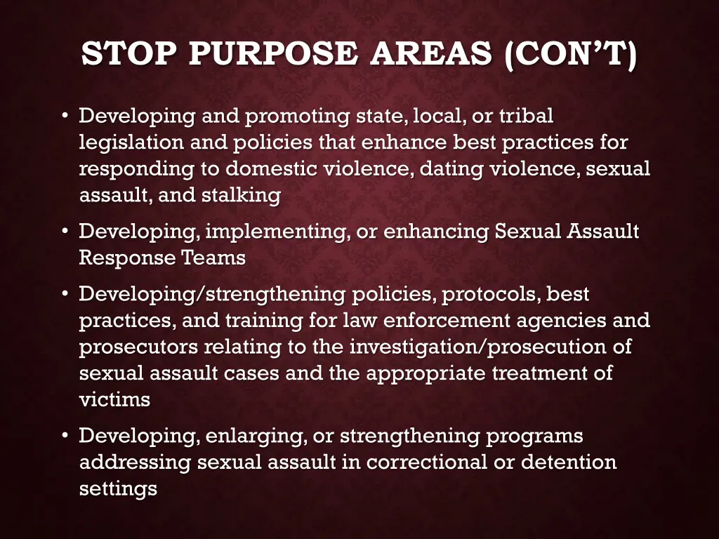 stop purpose areas con t