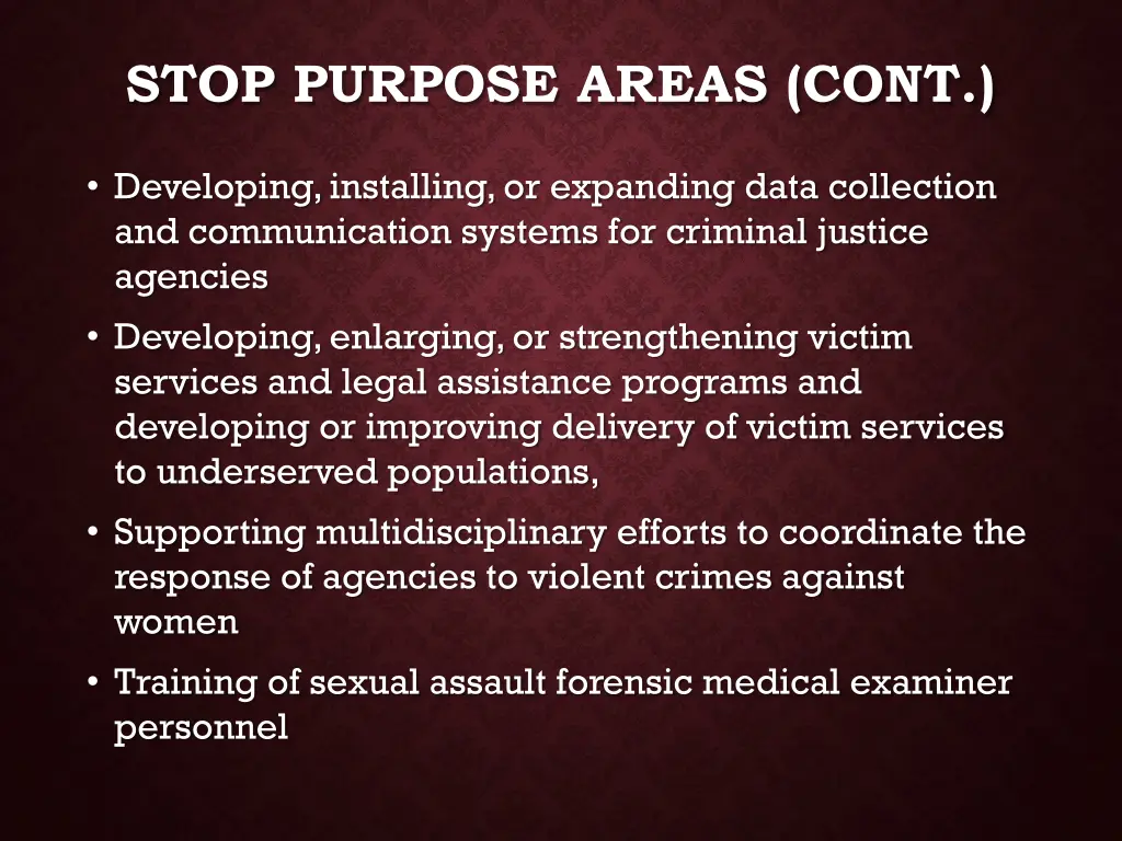 stop purpose areas cont