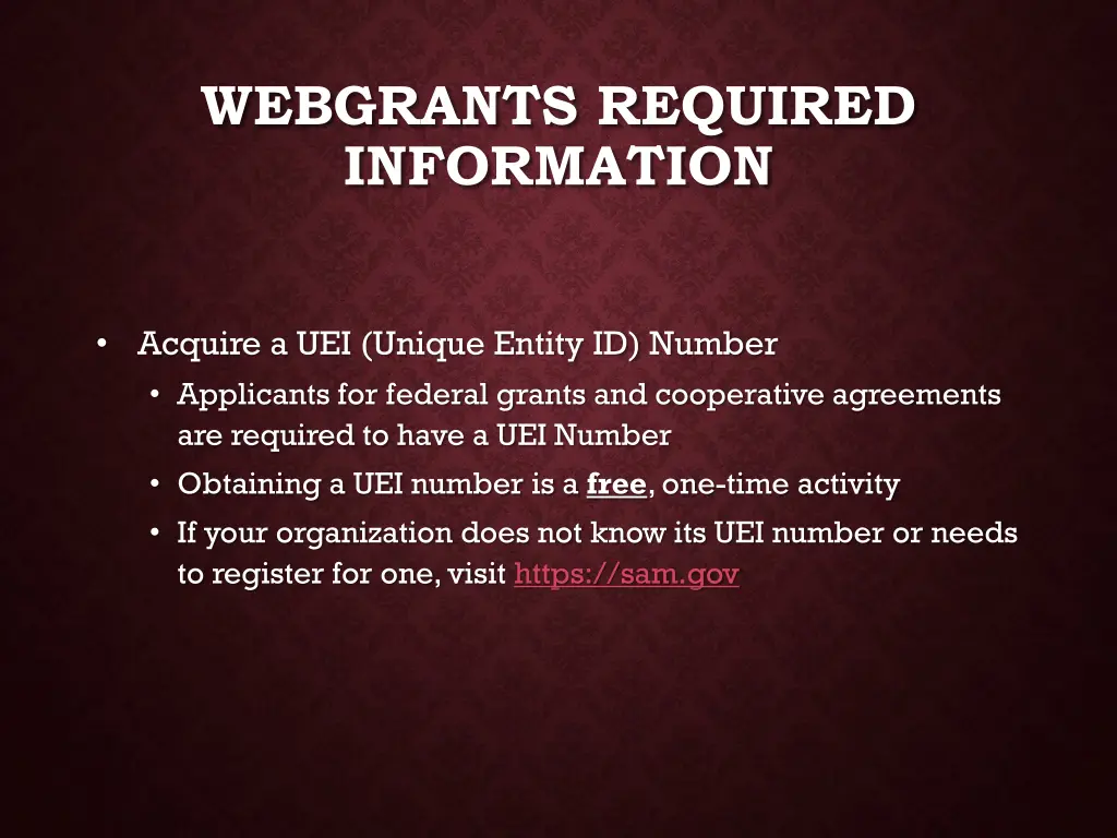 webgrants required information