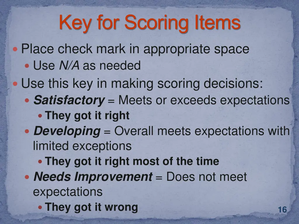 key for scoring items