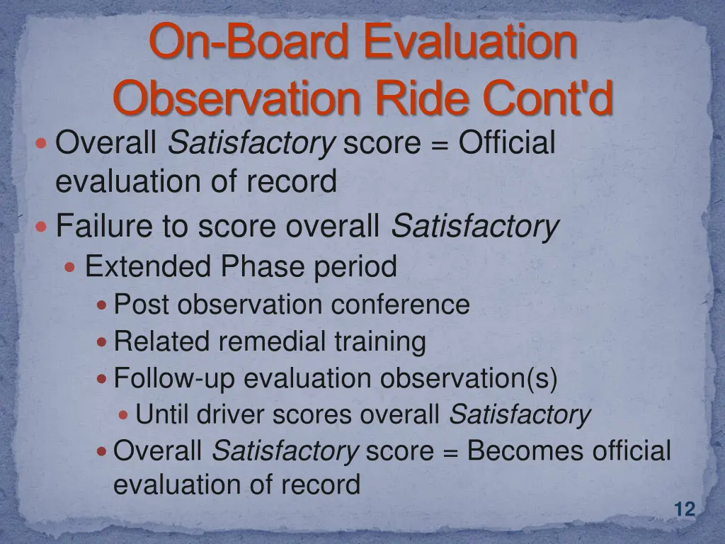 on board evaluation observation ride cont