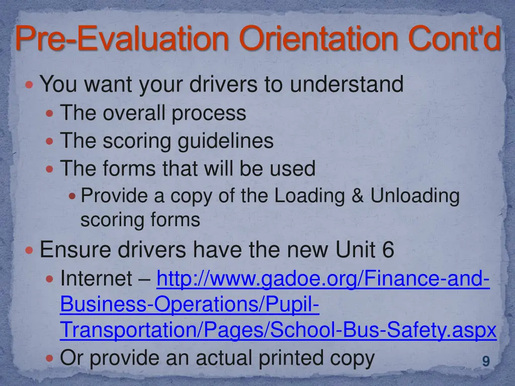 pre evaluation orientation cont d