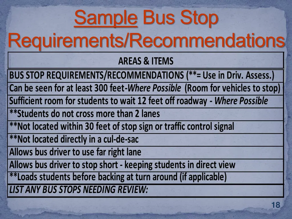 sample bus stop requirements recommendations