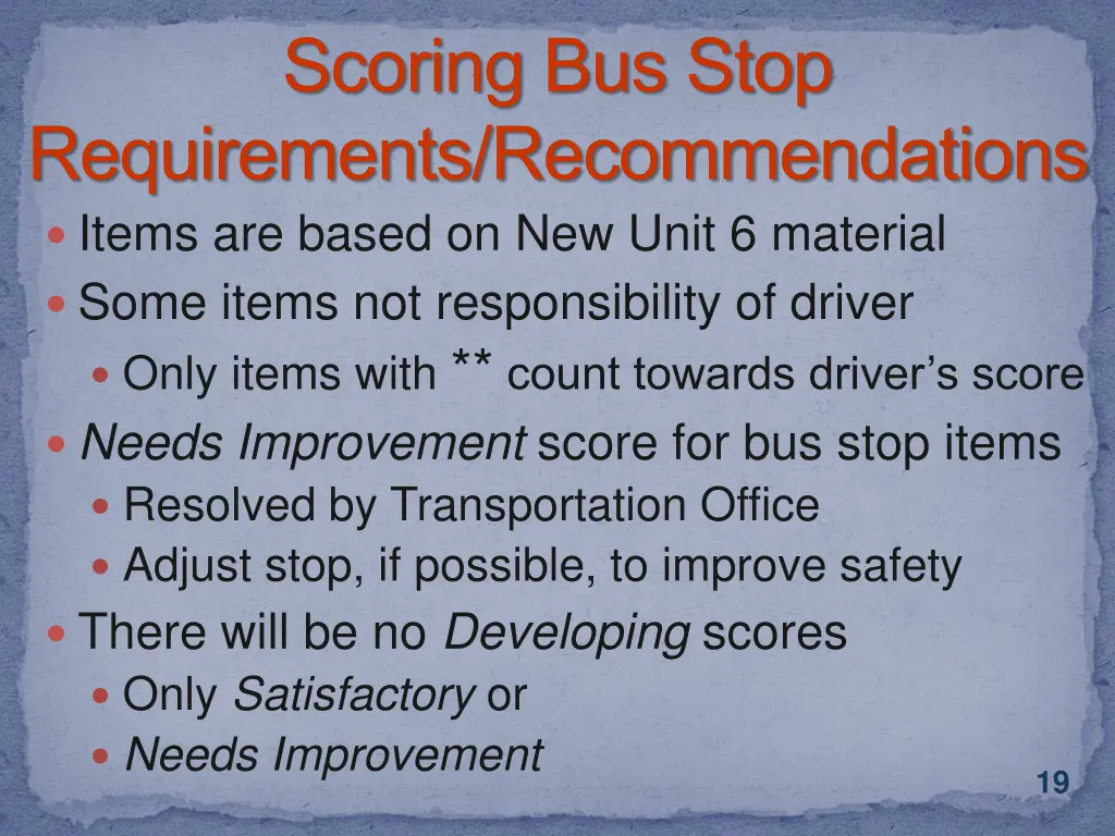 scoring bus stop requirements recommendations