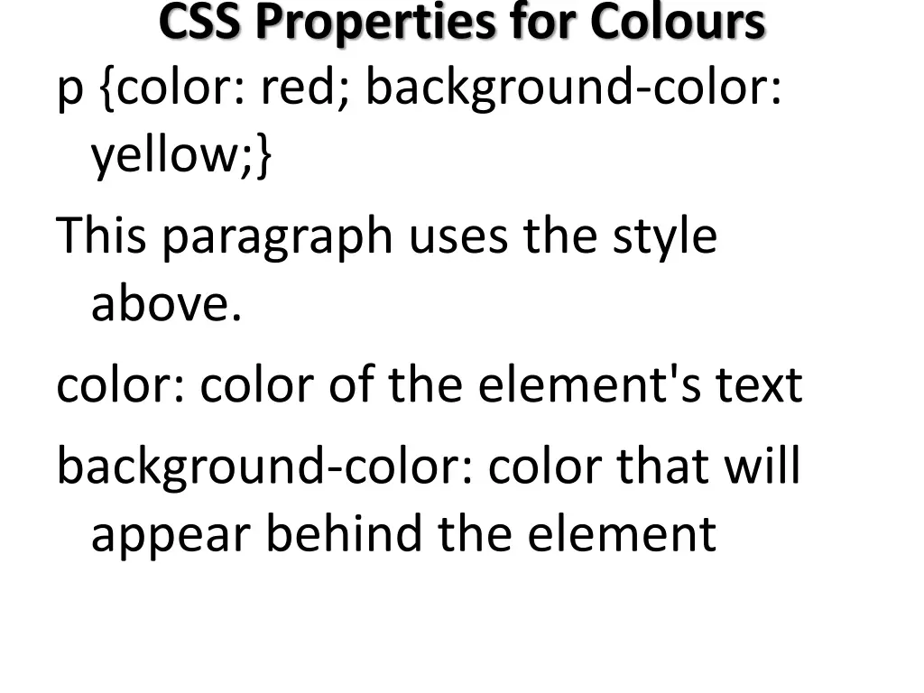 css properties for colours p color red background