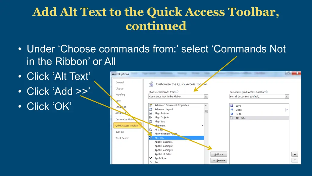 add alt text to the quick access toolbar continued