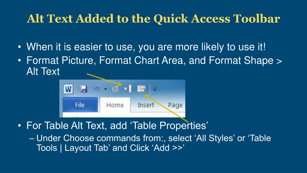 alt text added to the quick access toolbar