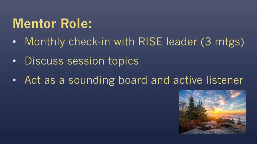 mentor role monthly check in with rise leader