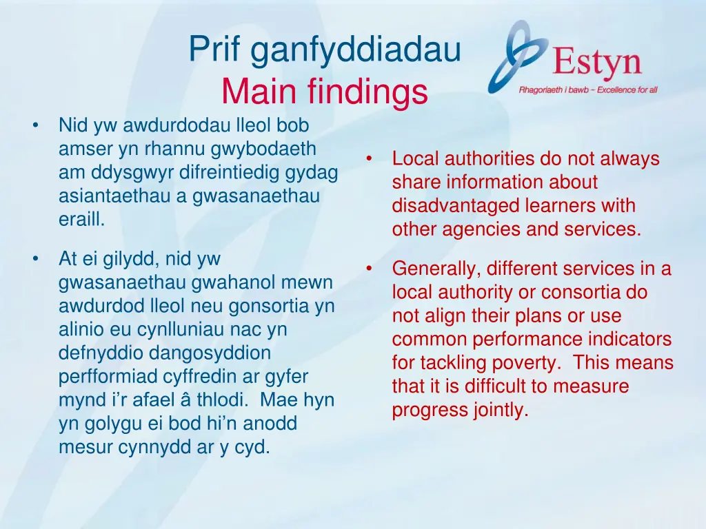 prif ganfyddiadau main findings nid yw awdurdodau