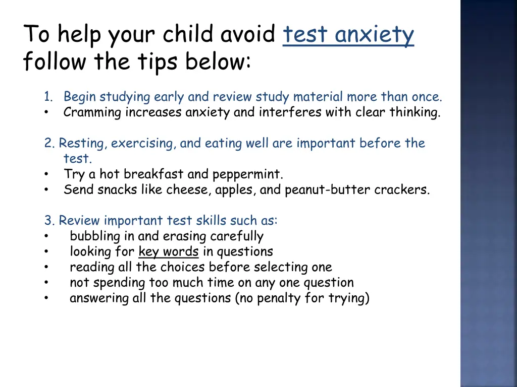 to help your child avoid test anxiety follow