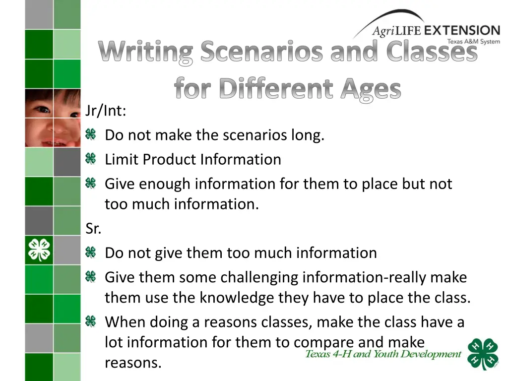 writing scenarios and classes for different ages