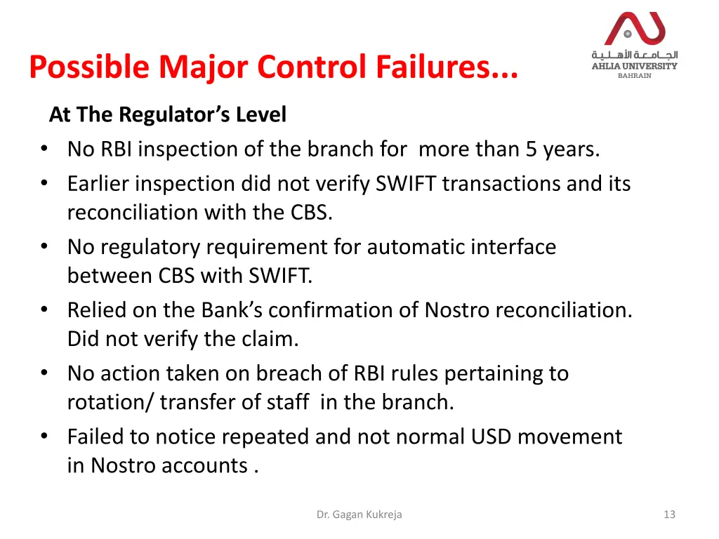 possible major control failures