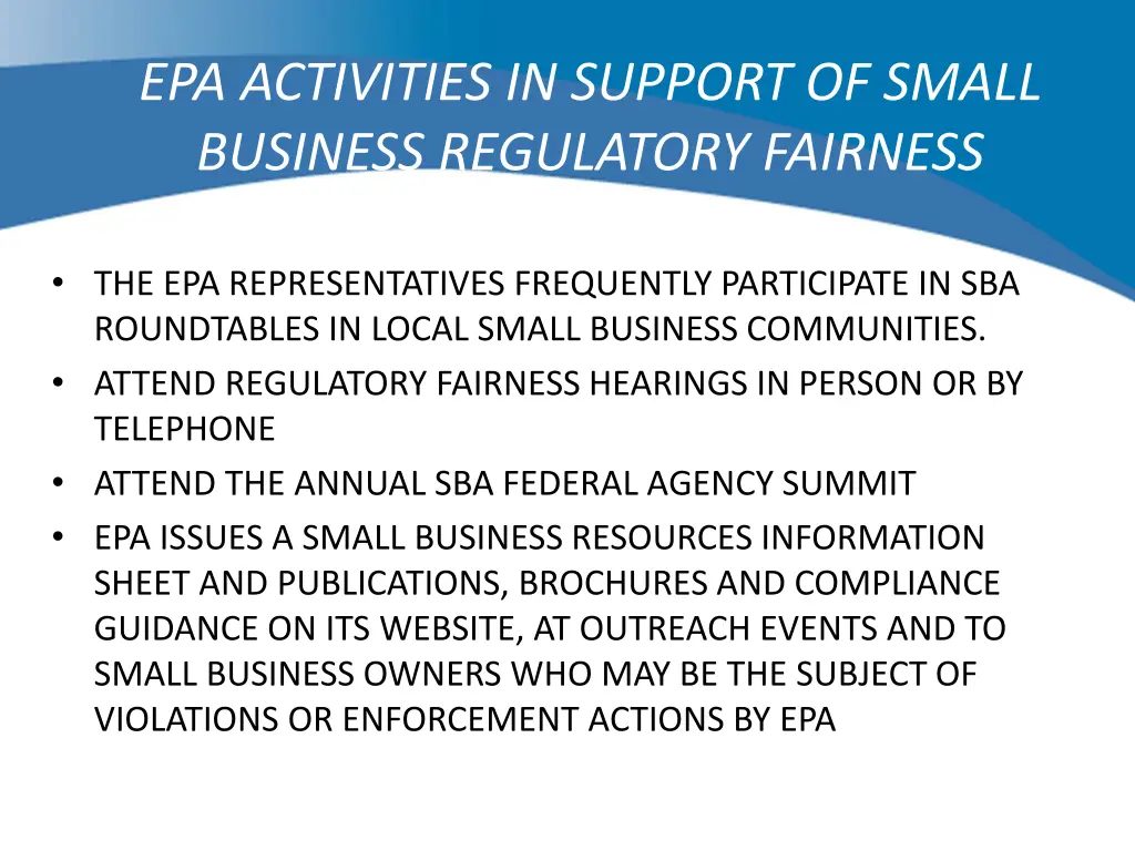 epa activities in support of small business