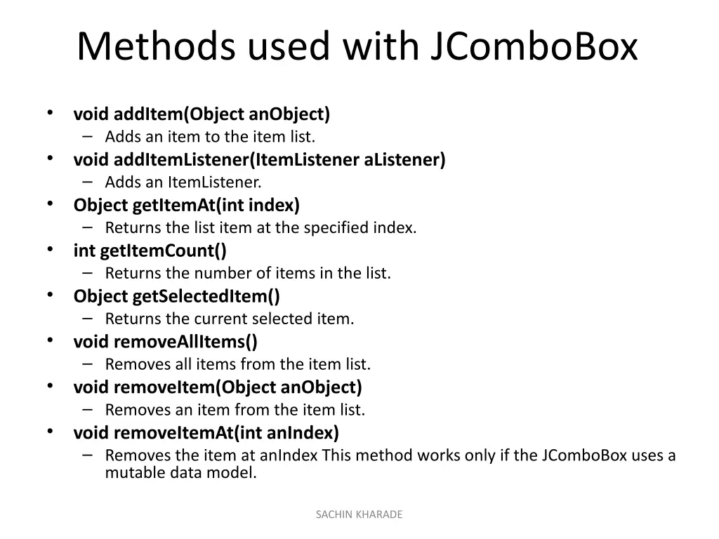 methods used with jcombobox