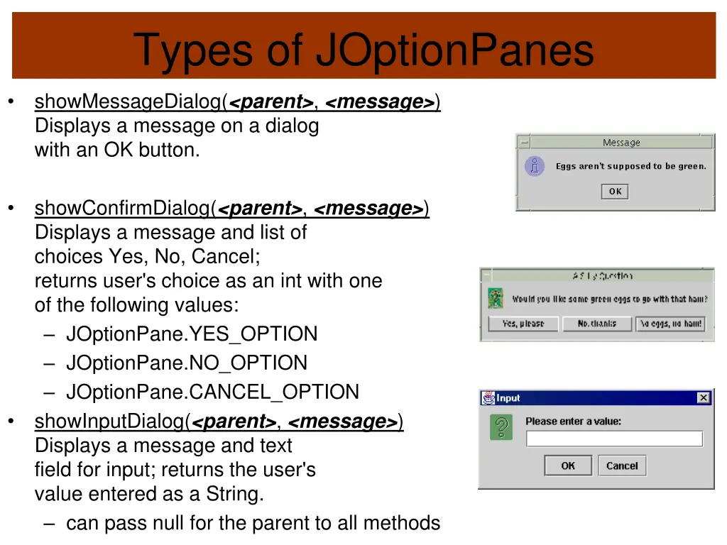 types of joptionpanes