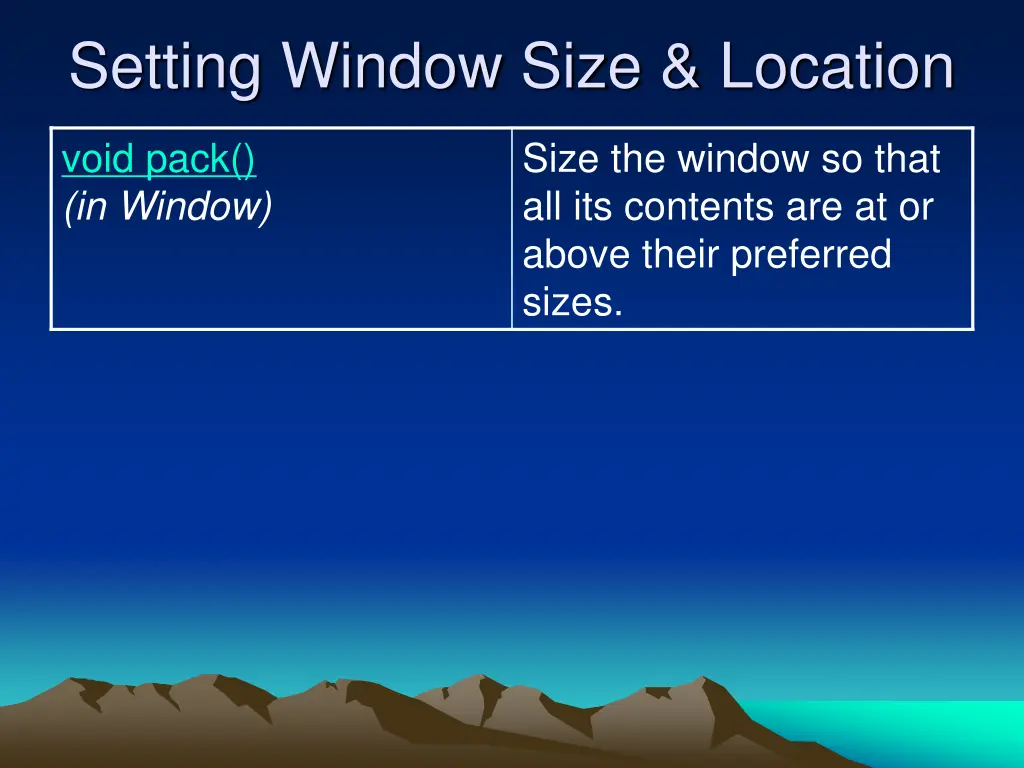 setting window size location