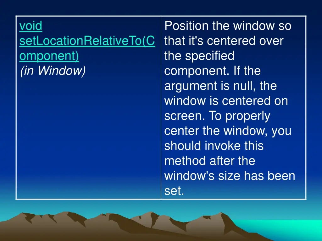 void setlocationrelativeto c omponent in window